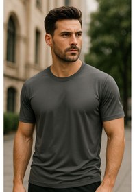 Resim Erkek %100 Pamuk Slim Fit Sporcu Tişört Basic Bisiklet Yaka Kısa Kollu T-shirt Gri 