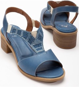 Resim Analin Shoes Kadın Hakiki Deri Lastikli Rahat Taşlı Sandalet Kot Mavi 