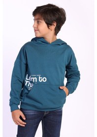 Resim Toontoy Kids Toontoy Erkek Çocuk Kapüşonlu Kanguru Cepli Baskılı Sweatshirt Petrol Mavi 