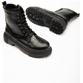 Resim 812-356 Siyah Kroko Bağcıklı Fermuarlı Günlük Kadın Bot Acı Kahverengi 