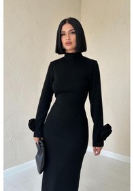 Resim Siyah Kolları Güllü Triko Elbise Siyah 