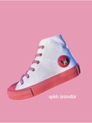 Resim LİASSHOES ışıklı minicik detay pembe taban beyaz keten tasarım çocuk spor ayakkabı sneaker 