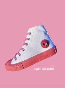 Resim LİASSHOES ışıklı minicik detay pembe taban beyaz keten tasarım çocuk spor ayakkabı sneaker 
