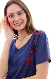 Resim Cotton Mood 20050526 Süprem Omuzu Çiçek Nakışlı Kısa Kol Bluz Indıgo 