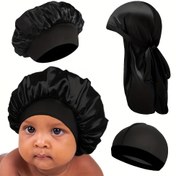 Resim 3'lü Gençler İçin Saten Saç Bakım Seti: İpeksi Durag, Bonnet & Kupa Kapağı Siyah - Hafif, Nefes Alabilen Polyester, Şükran Günü & Günlük Kıyafetler İçin Mükemmel Uyum, Saç Koruma|Şık Tasarım|Polyester Saten, Saç Aksesuarları Seti 