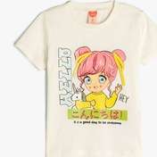 Resim Kız Bebek Tişört Kısa Kollu Bisiklet Yaka Anime Baskılı Pamuklu 