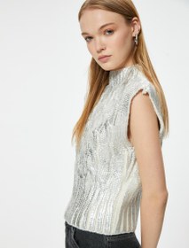 Resim Kolsuz Süveter Dik Yaka Metalik Örgü Dokulu Slim Fit 