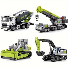 Resim İnşaat Araçları Yapı Blokları Ekskavatör Çimento Kamyonu Vinç Buldozer Montaj Modeli El Yapımı Süs Doğum Günü Noel Hediyesi 