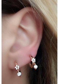 Resim Cicek Figürlü Zirkon Taş Detaylı Gümüş Sallantili Halka Küpe 1 CM 