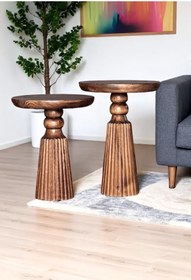 Resim AYLESA Doğal Ahşap 2’li Set Mantar Yan Sehpa Modern Fiskos Zigon Çiçeklik 