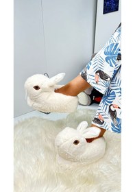 Resim Kadın Panduf Tavşan Figürlü Peluş Ev Botu Desenli Düz Taban Rahat Hafif 359 Ekru 