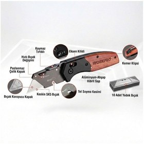 Resim Workpro Wp211035 Ağır Hizmet Çelik/ahşap Gövde Katlanır Rötuş Maket Bıçağı + 11 Adet Yedek Bıçak 
