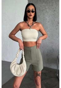 Resim Zarif Ve Şıklığı Bir Arada Sunan Yüksek Bel Krep Esnek Çimalı Çizgili Şort Haki 