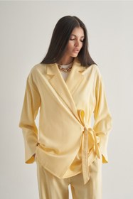 Resim Mizalle Keten Karışımlı Anvelop Bağlı Sarı Kimono Ceket 