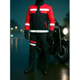 Resim DRC Outdoor Motorcu Mont & Pantolon Takımı – Kışlık Lacivert Kırmızı, Su ve Rüzgar Geçirmez, Elyaflı, Reflektörlü 