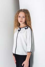 Resim Kız Çocuk Bisiklet Yaka Oversize Broş Çiçek ve Biye Detaylı Bluz - Ekru/Siyah - 11 Yaş 