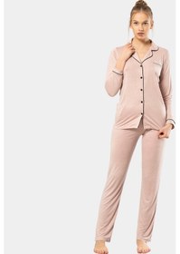 Resim Türen Düz Uzun Kollu Gömlek Yaka Pijama Takım 3365/pudra 001 