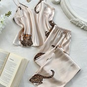 Resim Leopar Desenli Şık Rahat V-Yaka Camisole Uzun Pantolon Pijama Takımı 2 parça 