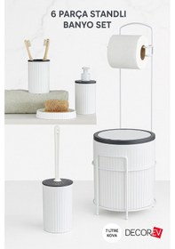 Resim Decorev 6 Parça Standlı Banyo Seti 7 Litre Çöp Kovası, Tuvalet Kağıtlığı, Sabunluk, Fırçalık Banyo Takımı Beyaz - Gri 
