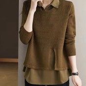 Resim Kadınlar için Kontrast Yaka ve Düz Desenli Akrilik Karışımı Örgü Kazak - İlkbahar/Sonbahar için Uzun Kollu Katmanlı Görünümlü Kazak 