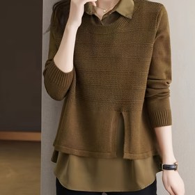 Resim Kadınlar için Kontrast Yaka ve Düz Desenli Akrilik Karışımı Örgü Kazak - İlkbahar/Sonbahar için Uzun Kollu Katmanlı Görünümlü Kazak 