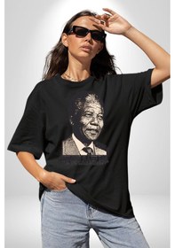 Resim Nelson Mandela Pamuklu Bisiklet Yaka Unisex Oversize Boyfriend Dijital Baskılı Siyah T-shirt Siyah 