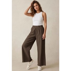 Resim Modestim Kadın Kahve Beli Lastik Özel Yıkamalı Kumaş Paçaları Püsküllü Geniş Paça Tesettür Pantolon 