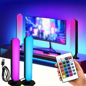 Resim Modern RGB Akıllı LED Ortam Işığı, geometrik desenlerle bir set olarak sunulur. USB ile çalışır ve renk ayarı için uzaktan kumanda ile birlikte gelir. Oda için renk değiştiren masa lambası olarak kullanılabilir, TV arka plan ışığı ve oyun ve parti süslemeleri için uygundur 