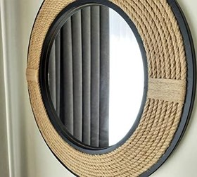 Resim Dfn Wood Siyah Çerçeveli Jut Halatlı Yuvarlak Dekoratif Duvar Salon Banyo Aynası 67 Cm Çap 