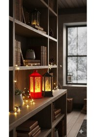 Resim Dekoratif Nostaljik Fenerler Kış Masalını Odanıza Taşıyın Kırmızı Bambi & Çam Ağacı Antik Fener 14cm 2 