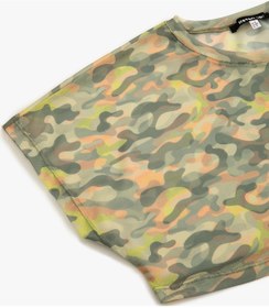 Resim Koton Transparan Crop Tişört Spor Kısa Kollu Bisiklet Yaka Kamuflaj Desenli Yeşil Desenli 4sak10067nk 4SAK10067NK7D6 Yeşil 
