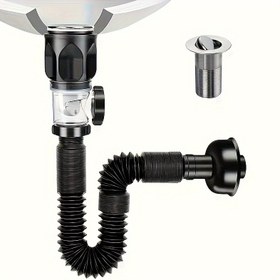 Resim Koku Geçirmez Banyo Lavabo Drenaj Kiti, Genişletilebilir P-Bend - Dayanıklı Paslanmaz Çelik ve ABS, 3.17cm ila 4.98cm Drenaj Borularına Uygun, Modern Banyolar İçin İdeal, Şık Siyah Kaplama, Banyo Lavabo Aksesuarı 