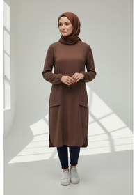 Resim Ece Giyim Kadın Bisiklet Yaka Önü Boncuk Detaylı Yazlık İnce Ayrobin Tunik Kahverengi 