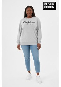 Resim Süperlife Kadın Büyük Beden El Yazılı California Baskılı Bisiklet Yaka İnce Sweatshirt Spr26bswk956-7 Gri Melanj 