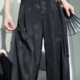 Resim Kadınlar İçin Şık Çiçek Baskılı Geniş Paça Pantolon - Yüksek Bel, Bol Kesim, Makinede Yıkanabilir, İlkbahar & Sonbahar İçin Siyah Naylon Karışımı 