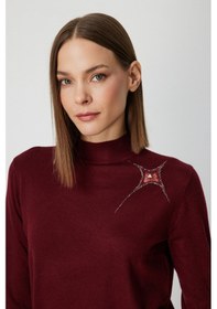 Resim On Kadın Omzu Taş Detaylı Triko Kazak 60453 Bordo Bordo 