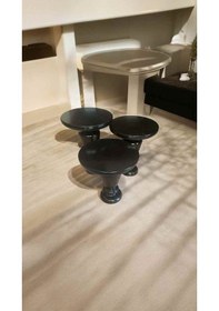 Resim Modern Siyah Renk 3 Lü Ahşap Yan Sehpa Fitilli Tasarım Siyah 