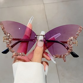 Resim Kadınlar için Kelebek Çerçevesiz Gözlük - Mor-Pembe Gradyan Değiştirilebilir Lens, Hafif PC Çerçeve & Metalik Menteşeler - Parti, Günlük Kullanım, Resmi Etkinlikler - Zarif Kelebek Kanat Tasarımı, Taş Süslemeli Aksesuar 