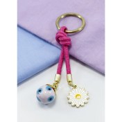 Resim Pembe Cam Nazar Boncuklu Papatyalı Anahtarlık, Hediyelik Cam Boncuklu Çanta Süsü 