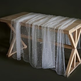 Resim Şık 200cm x 81cm İnci Süslemeli Düğün Masa Örtüsü - Şeffaf Şifon İncilerle, Gelin Duşları, Tatlı Sergileri ve Özel Günler için Mükemmel, Düğün Masa Süsleri 