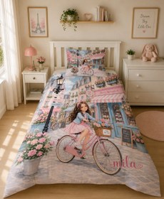 Resim Evmila Karikatüristik Bisikletli Kız Temalı Nevresim Takımı - 200x220 cm Nevresim ( Çift Kişilik Özelleştirilmiş ) + 50x70 cm Yastık Kılıfı 2 Adet 