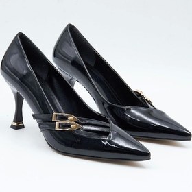 Resim Kadın Abiye Stiletto Rugan Siyah Altın Tokalı 7cm Topuklu Tam Kalıp Siyah-rugan Siyah 