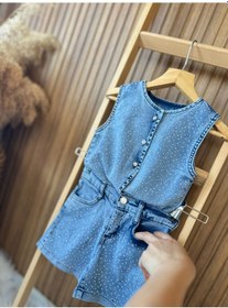 Resim Kidscocuk Kız Çocuk Taş Detaylı Yelek Jean Şort Takımı Çift Cepli Yazlık 2 Li Takım 2-10 Yaş Açık Mavi 