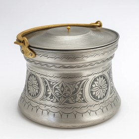 Resim Bakır Dünyası - Oymalı Işlemeli Kalın Bakır Yoğurt Bakraç 5 Lt – El Işçiliği, Iç Dış Kalaylı, Nikel Kaplama, Geleneksel Osmanlı Süt ve Yoğurt Kabı 