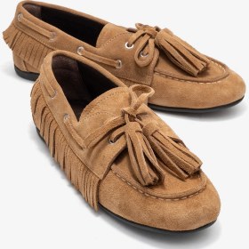 Resim Luvi Shoes Fenora Toprak Süet Hakiki Deri Saçaklı Püsküllü Kadın Loafer Ayakkabı Toprak 