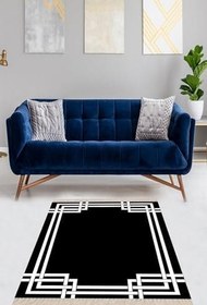 Resim Pelangi Geometrik Çizgi Desenli Dijital Baskı Yıkanabilir Kaymaz Taban Etnik Kilim Desen Salon Halı, Siyah 180 x 180 