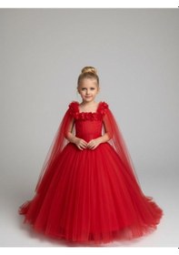 Resim Zekids Kız Çocuk Kol Detaylı Prenses Model Abiye Elbise-17245 Kırmızı 