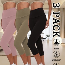 Resim Kadınlar için 3'lü Paket 12.7cm Yüksek Bel Capri Pantolon, Süper Yumuşak Göbek Kontrollü Görünmez Egzersiz Koşu Yoga Taytları 