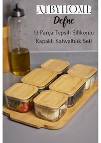 Resim Defne 13 Parça Bambu Silikonlu Kapaklı Cam Kahvaltılık Seti Lüx Kahvaltı Takımı Bambu 
