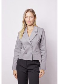 Resim Kadın Yakalı Flato Cepli Uzun Kol Kruvaze Anvelop Hafif Likralı Kumaş Blazer Ceket-gri Gri 